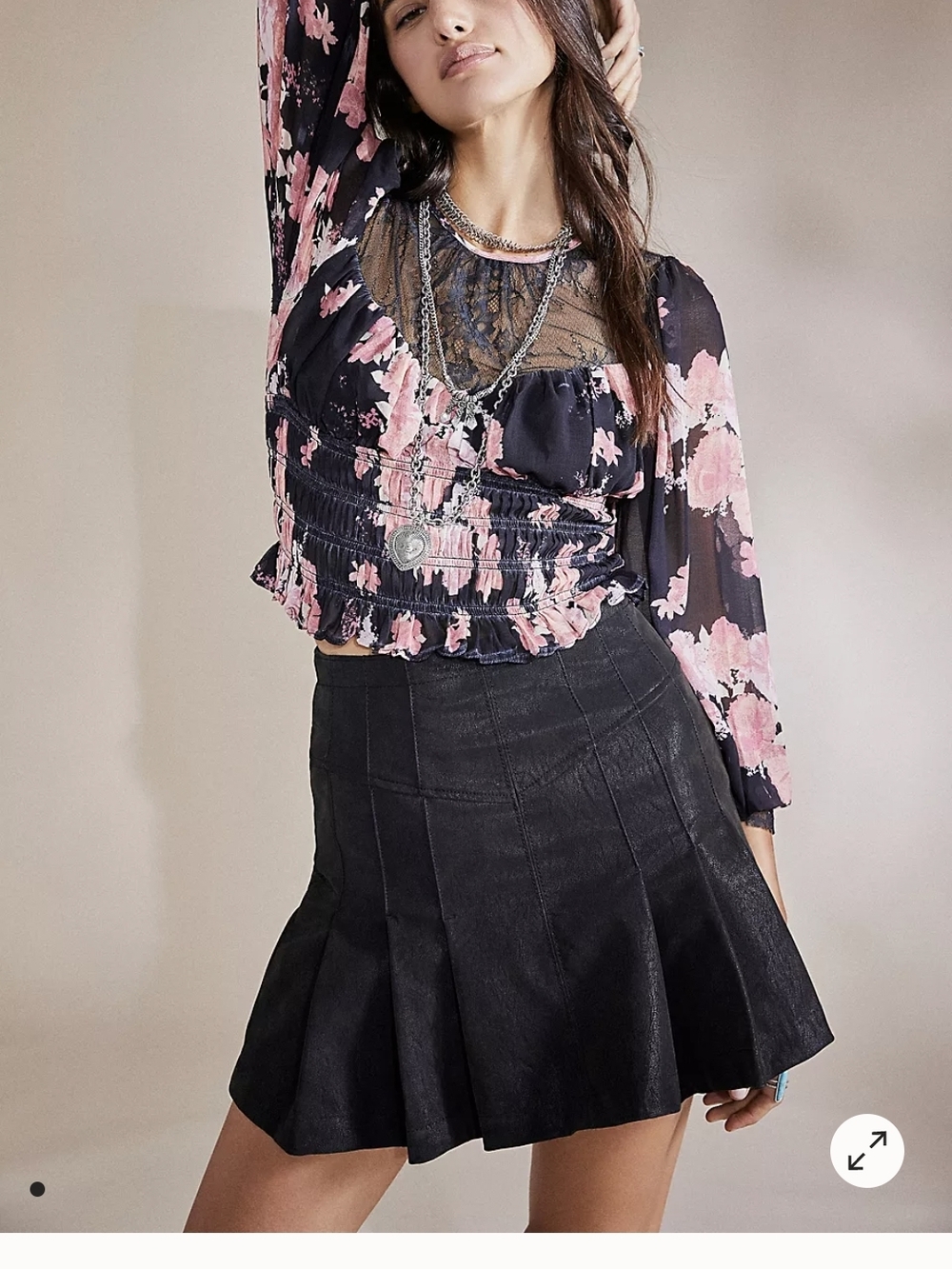 Free People Daphne Blouse  Pink And Black Floral Lace Long Sleeve Size Medium